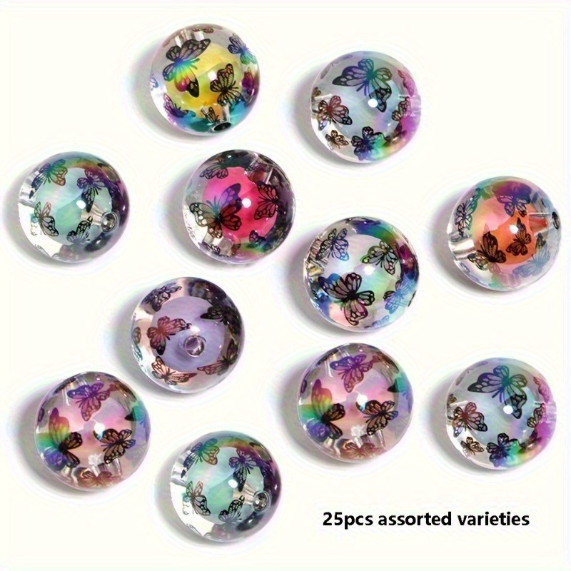 TEMU 25pcs 16mm Acrylic Double-layer Print Beads - Black & White Design With Multicolor Iridescent Glossy Finish For Making, Pen Charms, Necklace &