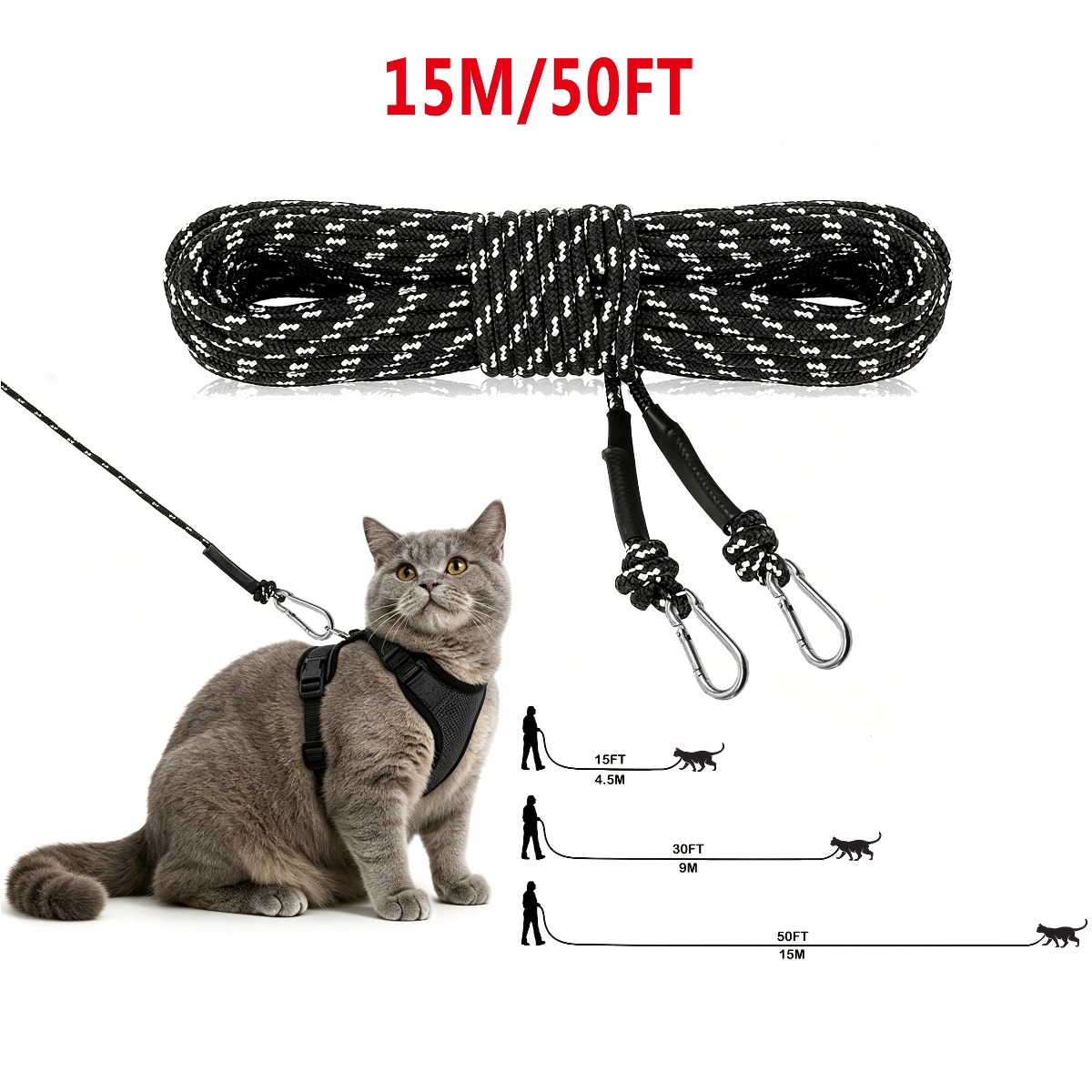 TEMU 1/2/3pcs 4.5m/9m/15m Long Reflective Cat Training Leash, Heavy Duty Anti-break Cat Tie Out Rope With Double Carabiners, Outdoor Backyard Walking