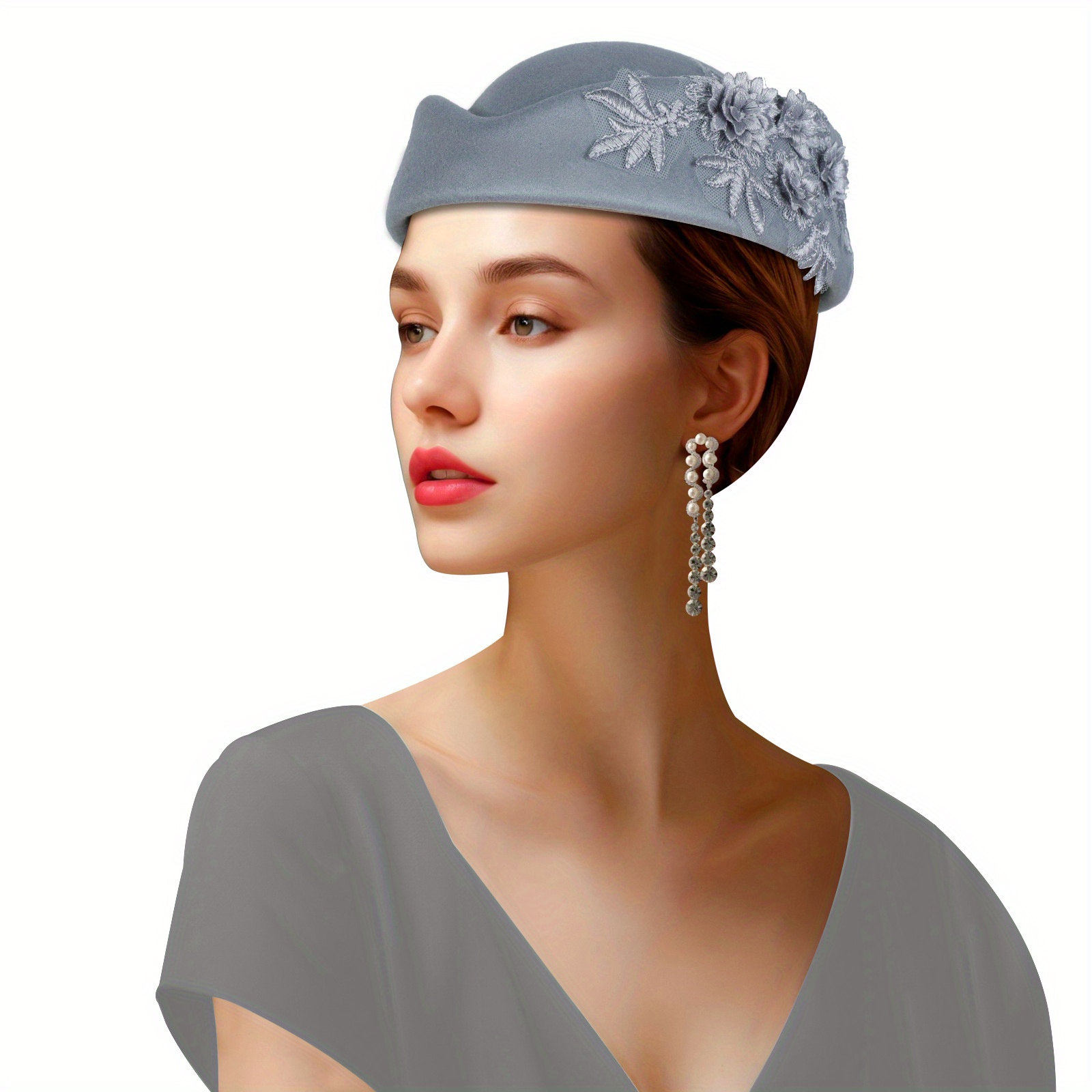 Women\'s British Felt hat Church Derby Headdress Floral Beret hat Grey Grey Fedora Felt Hat Wide, White Felt Flower Hat Wedding  main image 4