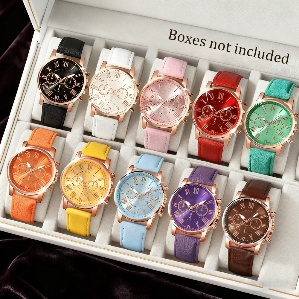 TEMU 2pcs/5pcs/10pcs Women's Colorful Series Watch Set Countryside Women's Watch Color With Roman Scale Dial Quartz Watch Combination Set (box Not Included)