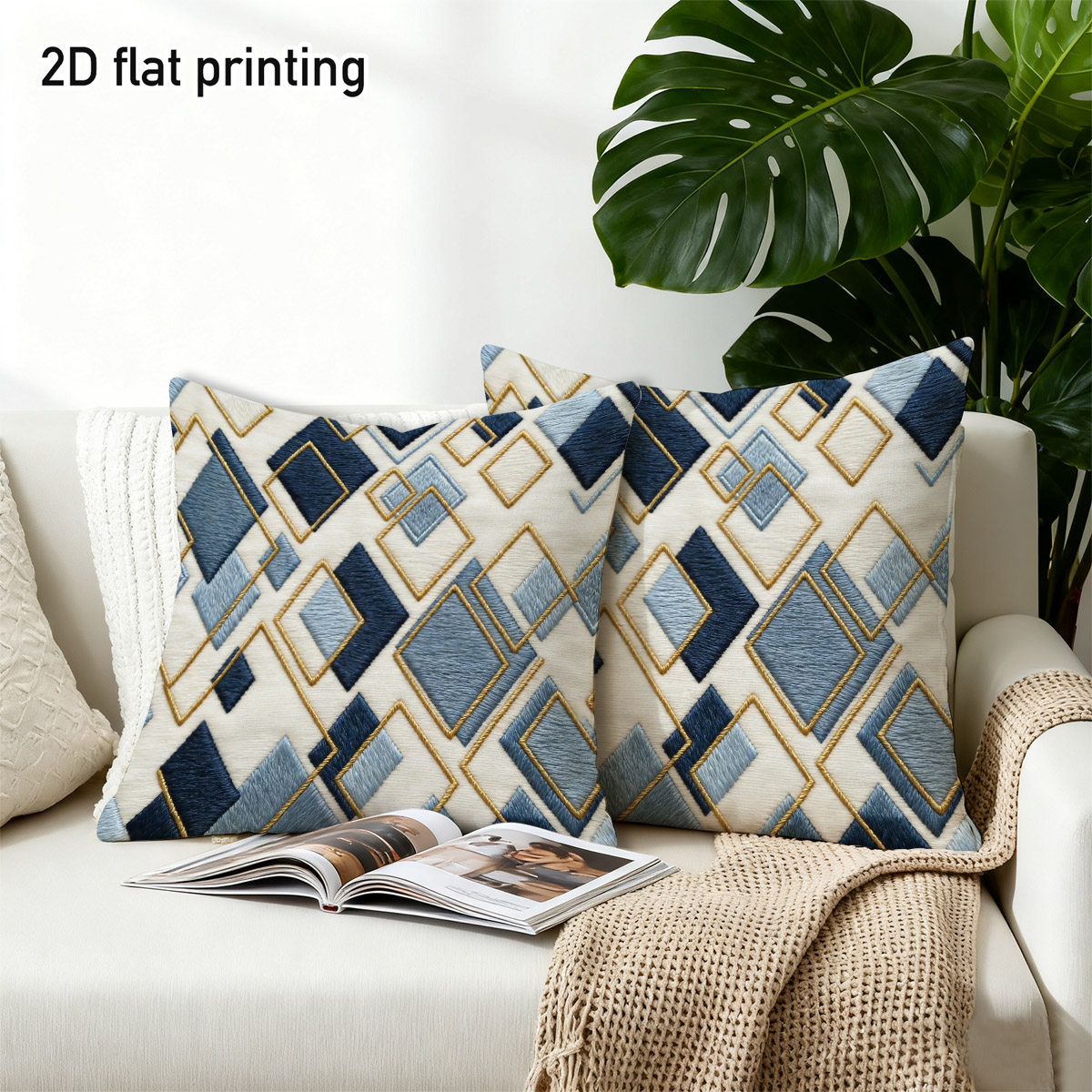 TEMU Printed Design Not Textured 2pcs Geometric Abstract Throw Pillow Covers, Duplex Prints With Blue Golden Diamond Patterns, Perfect For Modern