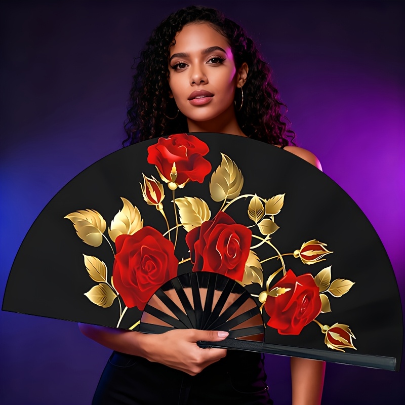 TEMU Ladies' Handheld Rose Folding Fan, Sizes: 28cm X 54cm And 35cm X 65cm. Durable And Long-lasting, Perfect For Parties, Music Festivals, Weddings,