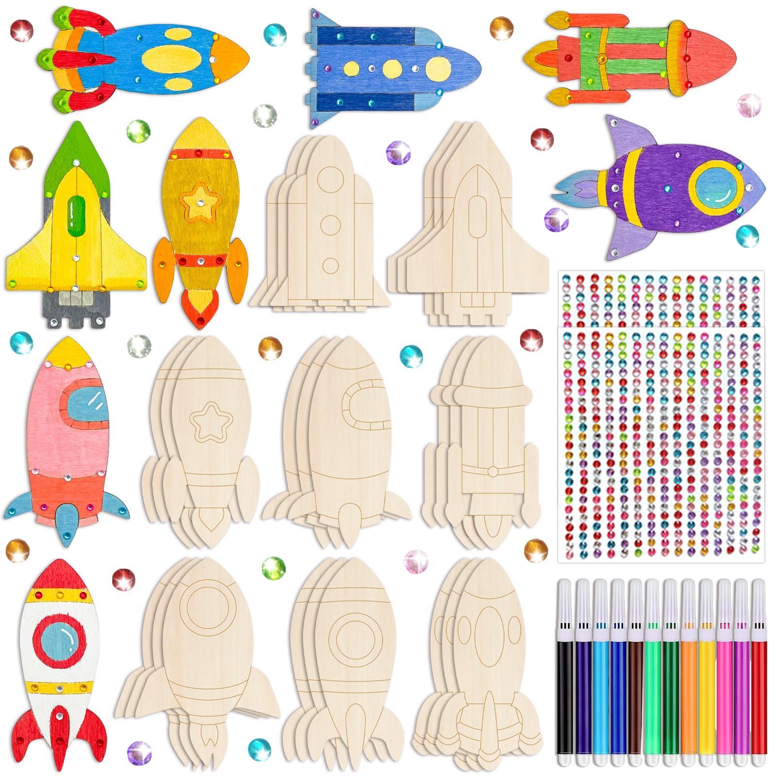 Image of Rocket-themed Unfinished Wood Cutouts With Markers And Stickers, 38pcs Painting Craft Set, Rocket Wood Toys, Kids Art Activity Kit, Wooden Rocket Decor, Birthday Party Favors, Educational Toys, Gifts