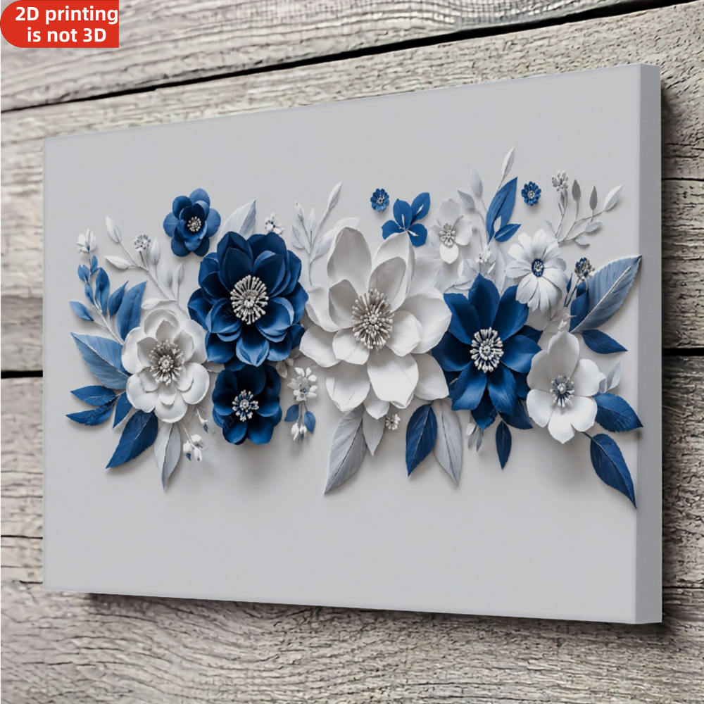 TEMU 2d Flat, 2d Flat 1pc Framed Canvas 3 Dimensional Blue And White Flowers Canvas Art Print For Living Room Bedroom And Hallway Decorative Wall Art