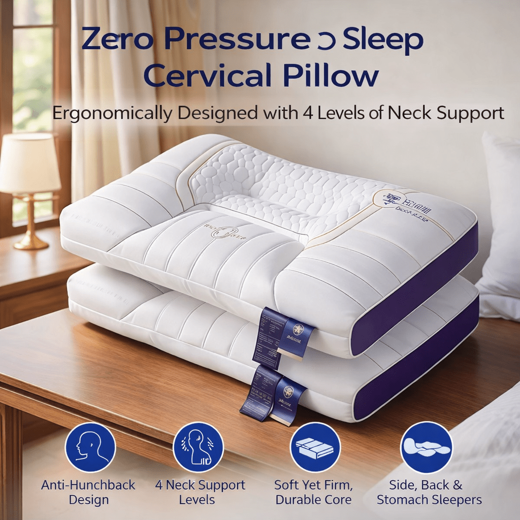 Zero Pressure Deep Sleep Cervical Pillow – 4-Level Ergonomic Neck Support, Anti-Hunchback Contoured Design, Soft & Firm with Non-Collapsing Core, Ideal for Side, Back & Stomach Sleepers, Home & Travel Comfort Pillow