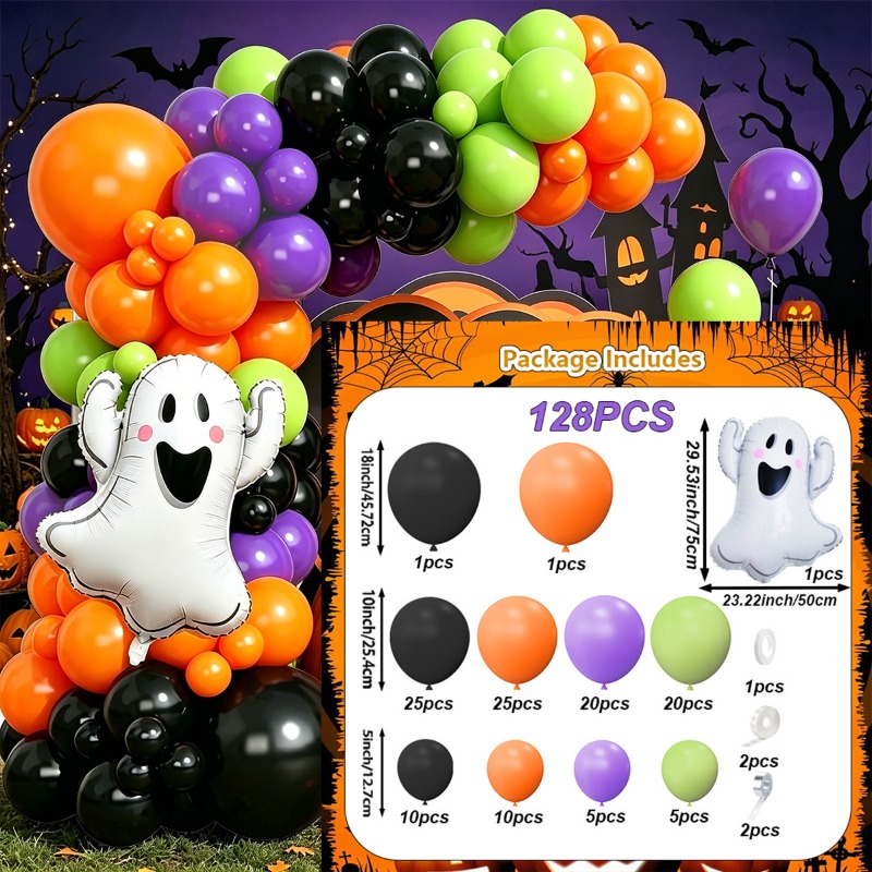 Image of 128pcs Halloween Boo Balloon Arch Set, Including Cute Cartoon Foil Balloons, Orange Purple Black Matte Latex Balloons, Halloween Costume Party, Family Themed Dinner Party, Birthday Party