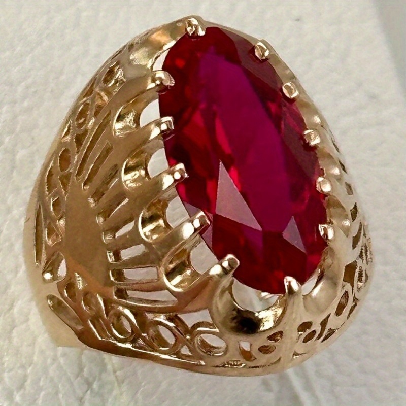 Image of Retro Luxurious Golden Hollow Pattern Wide Ring, Inlaid Oval Red Synthetic Zirconia Anniversary Ring Suitable For Women's Banquet Party Wedding Daily Jewelry, Anniversary Gift