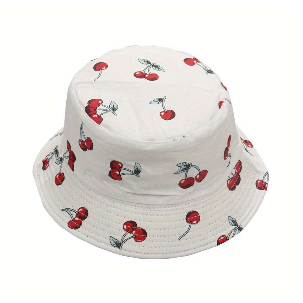 Cherry Print Fruit Pattern Reversible Bucket Hat For Women, Trendy Brand Sun Hat, Korean Style Unisex Hat