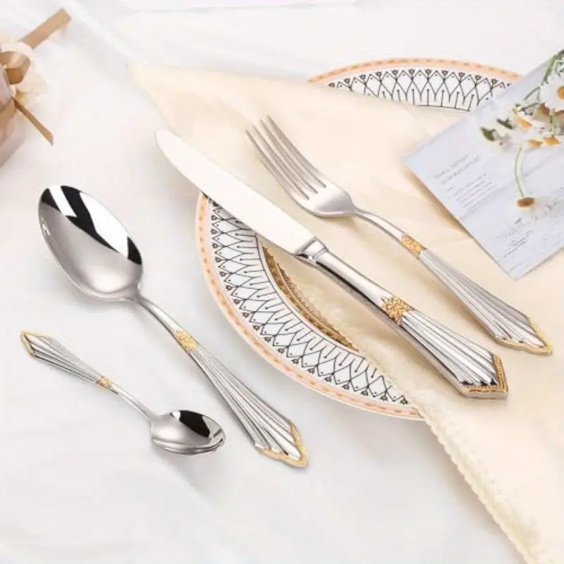 24pcs luxury flatware set in silvery color with golden accents premium 304 stainless steel flatware cutlery and tableware serving 6 Product details 3