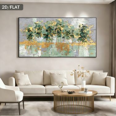 Grande Árvore Abstrata Moderna em Floresta Verde - Arte de Parede Grande - Impressão em Tela Sem Moldura, Adequada para Sala de Estar, Quarto, Escritório - Decoração de Cena Minimalista, Verde com Paleta Neutra, Instalação, Plano 2D