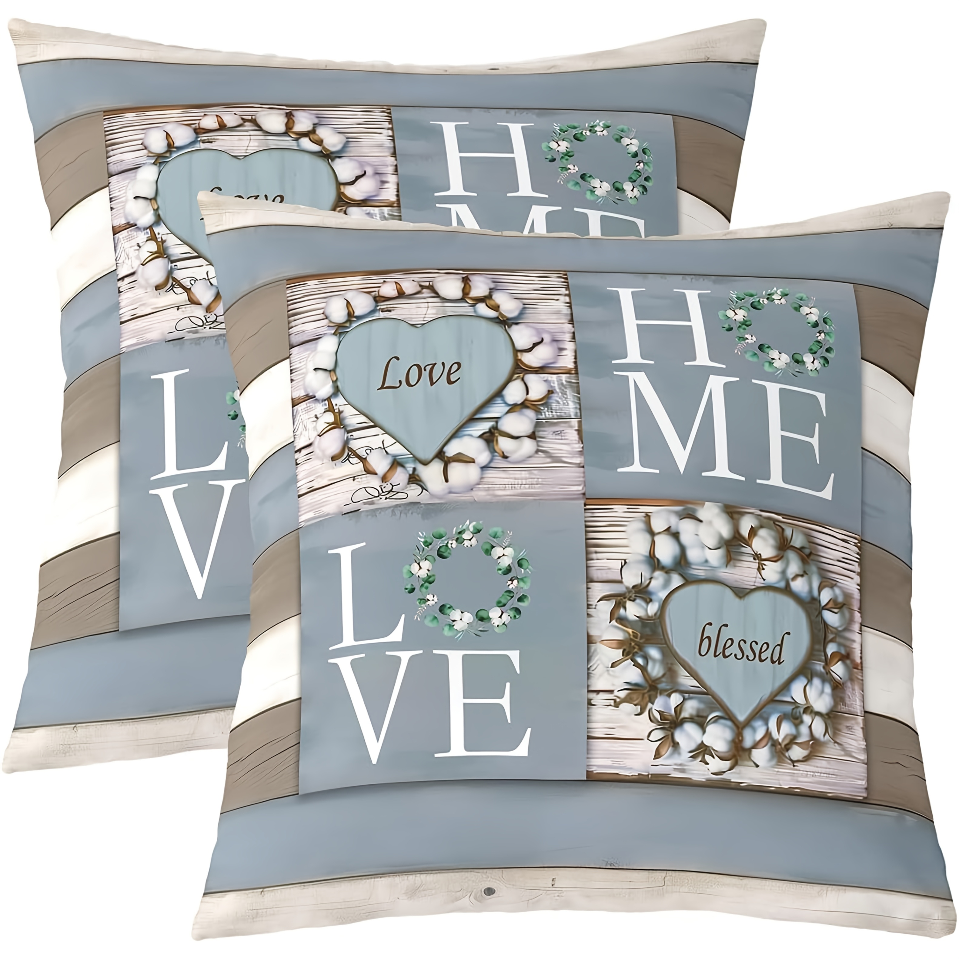 Set Of 2 Decorative Throw Pillow Covers Featuring A And Blessed Theme, Designed With Grey And And A Heart Wreath Pattern. Cases Come In Sizes 16x16, 18x18, And 20x20 Inches, With Zippers