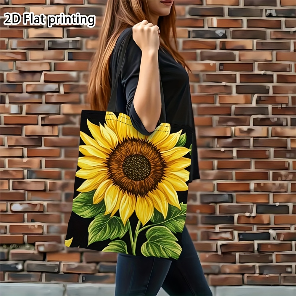 TEMU 1pc Large-capacity Black Tote Bag With Sunflower Print, Reusable Shopping Bag, Suitable For Shopping / Daily Commuting / School / Outdoor Travel