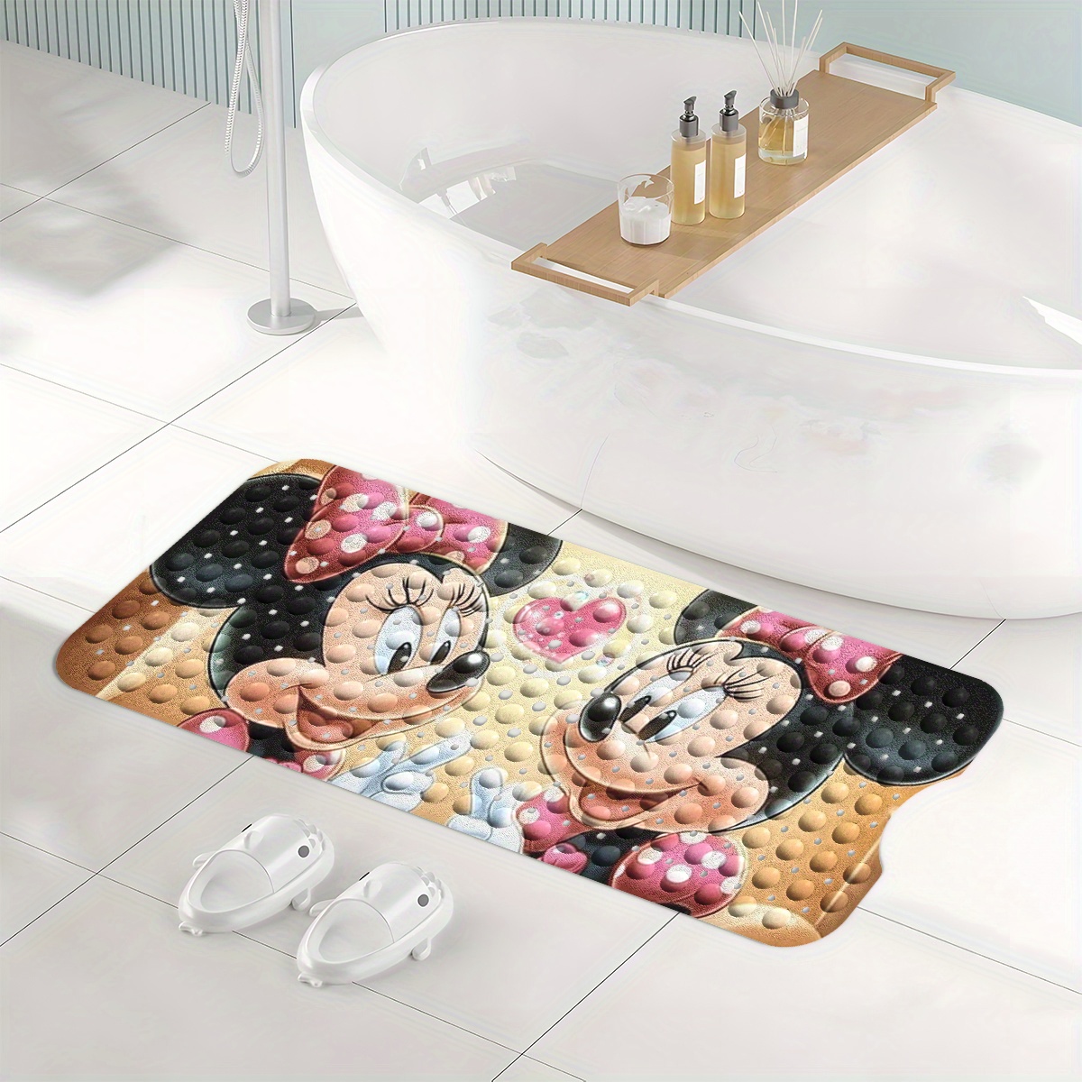 disneys   mouse bath mat features   hearts and bubbles set against a warm colored background in a cartoon style this non slip mat measures 40 100cm 15 7 39 3 inches and provides a comfortable water absorbent surface for your bathroom Product details 6