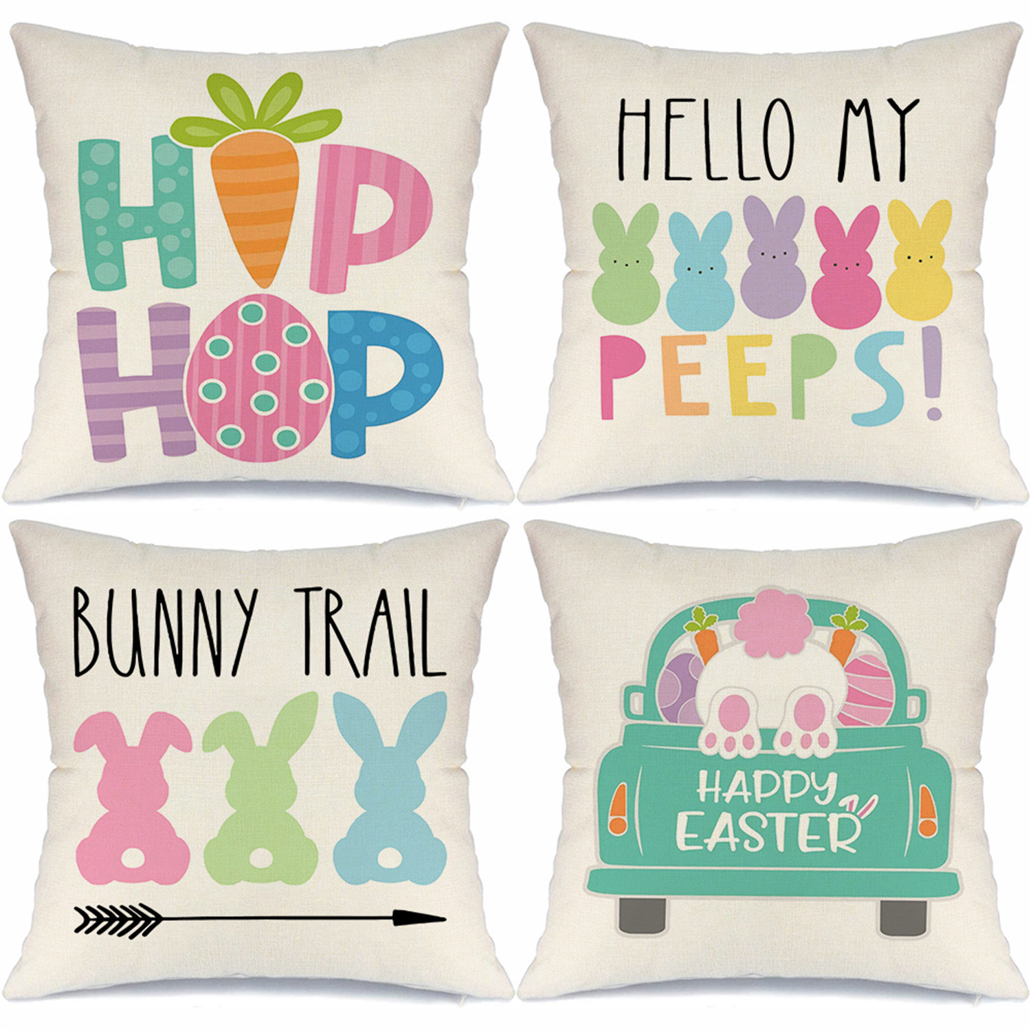 

4pcs Easter Pillow Covers, 18x18 Inch, Contemporary Style, 100% Polyester, Machine Washable, Zipper Closure, Decorative Cushion Cases With Hip Hop, Bunny Trail, Happy For Home Sofa Couch Decor