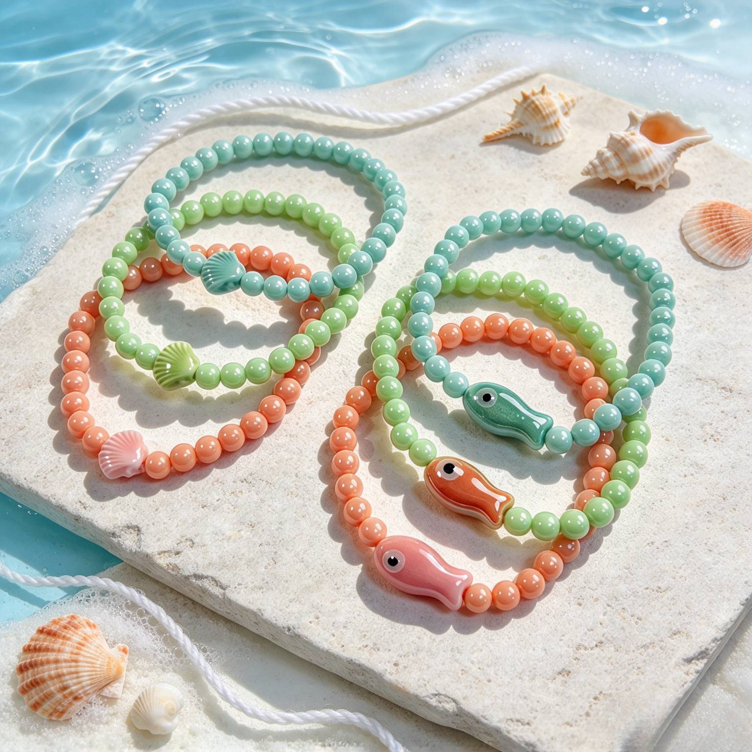 6pc Ocean-Themed Ceramic Fish & Seashell Beaded Bracelet Set