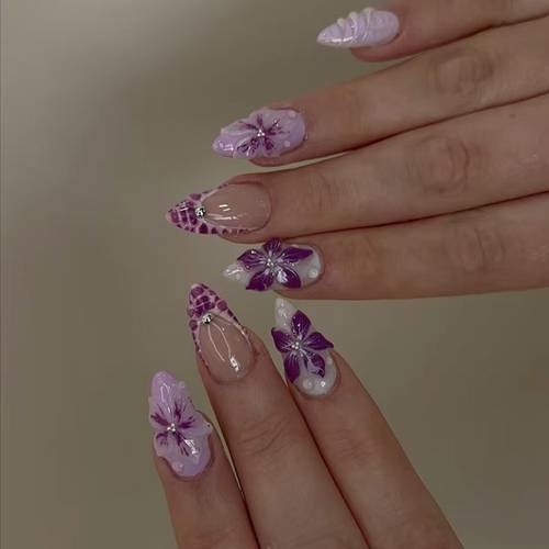 a set of 48 three dimensional purple lily ripple nail art pieces in a french style designed for women featuring a effect and a detachable design suitable for european and american aesthetics
