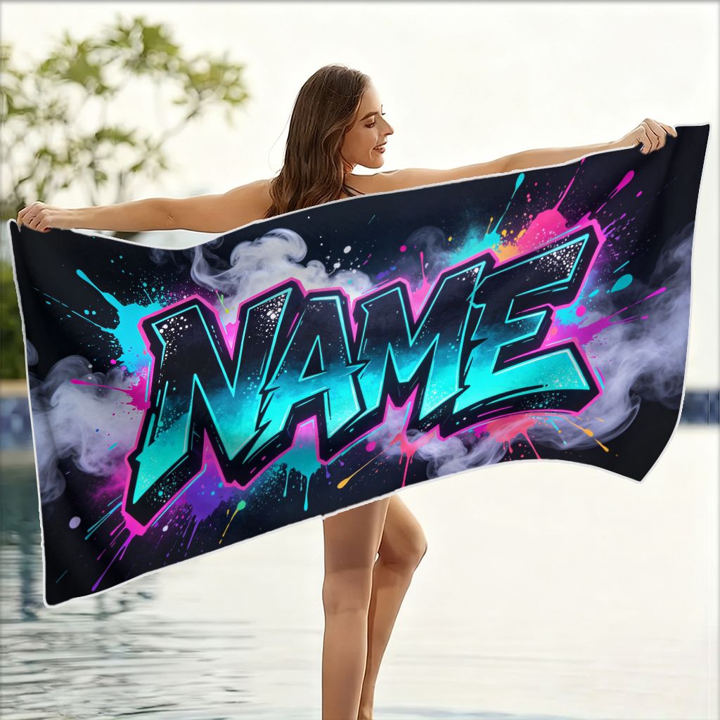 TEMU 1pc 1pcs Name/text Personalized Street Graffiti Bath Towel - Quick-dry Microfiber Suitable For Pool, Beach, Bath - Gradient Color /text - Gift
