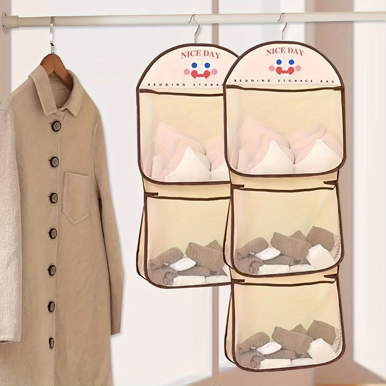 1 pack panda design hanging mesh organizer breathable polyester underwear socks storage with multiple compartments space saving wall or door hanging organizer for closet bathroom bedroom kitchen bathroom storage organizer clear compartments underwear drawer organizer Product details 2