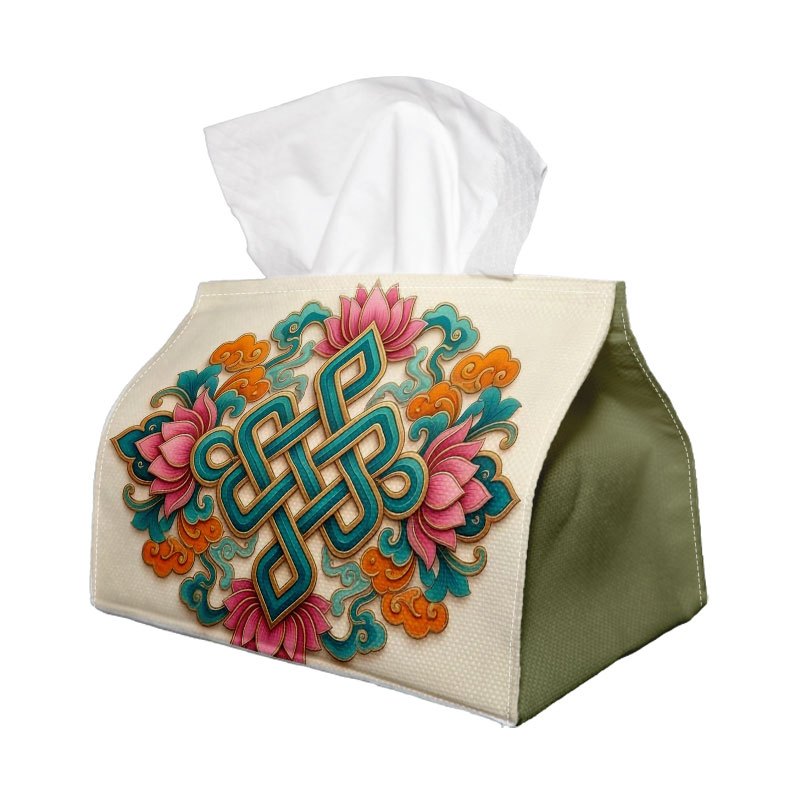 TEMU 1pc Oriental Tibetan Ethnic Tissue Box - Lotus & Knot Pattern Print Durable Polyester Fabric For Home, Office, Car, Party - Spacesaving Napkin