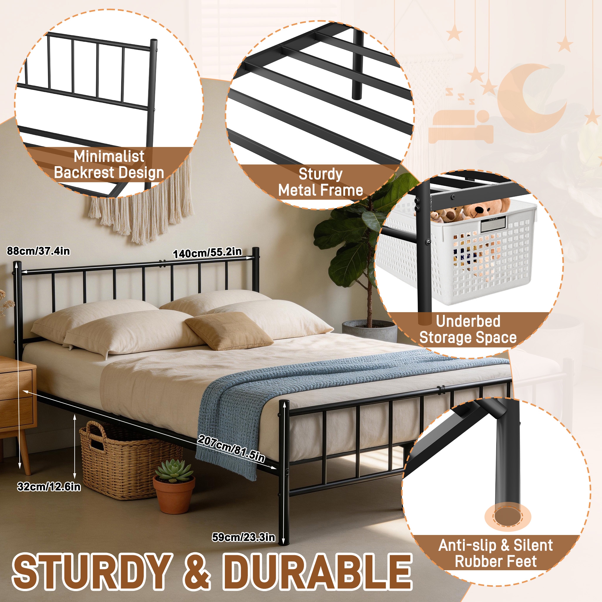 Image of Modern, Simple Metal Bed Frame, Single Bed, Double Bed, Bed Frame With Metal Headboard And Footboard, With Storage Space Under The Bed