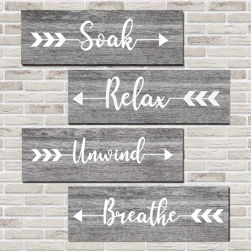 TEMU 4pcs Rustic Wooden Wall Decor Signs With Arrows - "soak," "relax," "," "breathe" - Ideal For Bathroom, Laundry Room, Or Home Spa - & Removal,