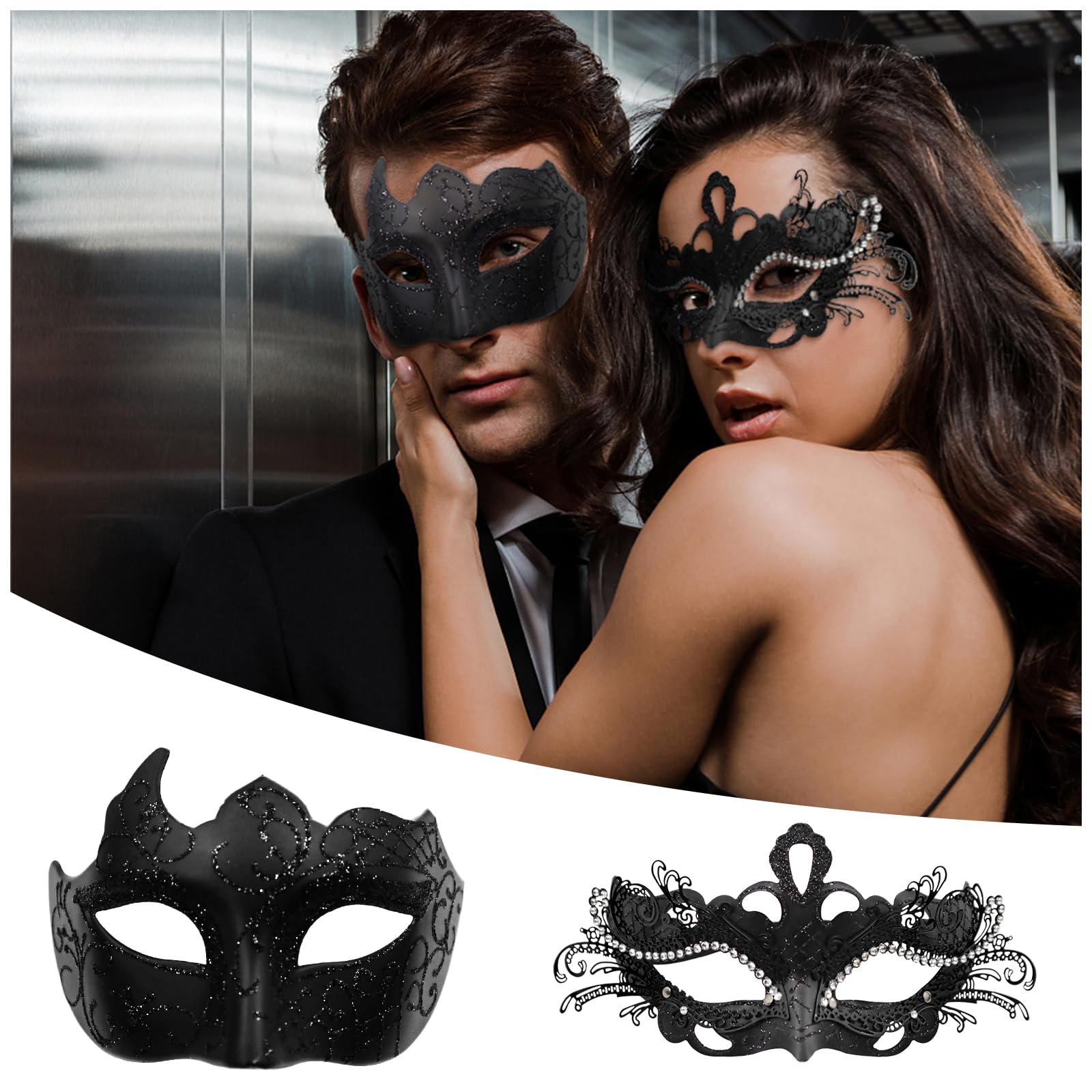 JewelryWe Couple Pair Masquerade Masks: Men Women Half Face Masks for Halloween Mardi Gras Venetian Party Ball Costumes