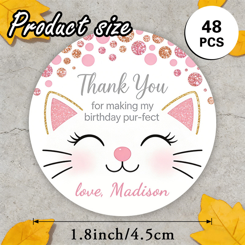 TEMU Custom 48/96pcs Birthday Thank You Round Stickers, Personalizable With Names And More, Featuring Cute Cat And Glitter Dots Sweet Girly Design,