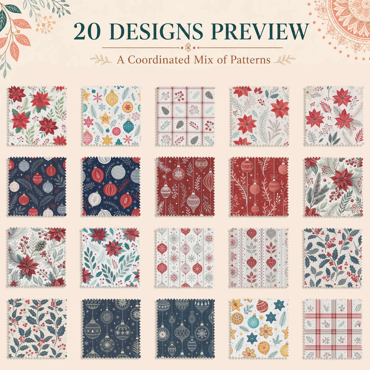 TEMU 60pcs 5x5 Inch "christmas Of Colorful Flowers And Exquisite Patterns Printed Fabric Squares" Pre-cut Fabric Squares For Hand Sewing Practice: