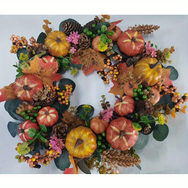 Couronne D'automne Thanksgiving – 14 Pouces Avec érable, Citrouille, Pommes De Pin, Baies, Pour Porte D'entrée - 9
