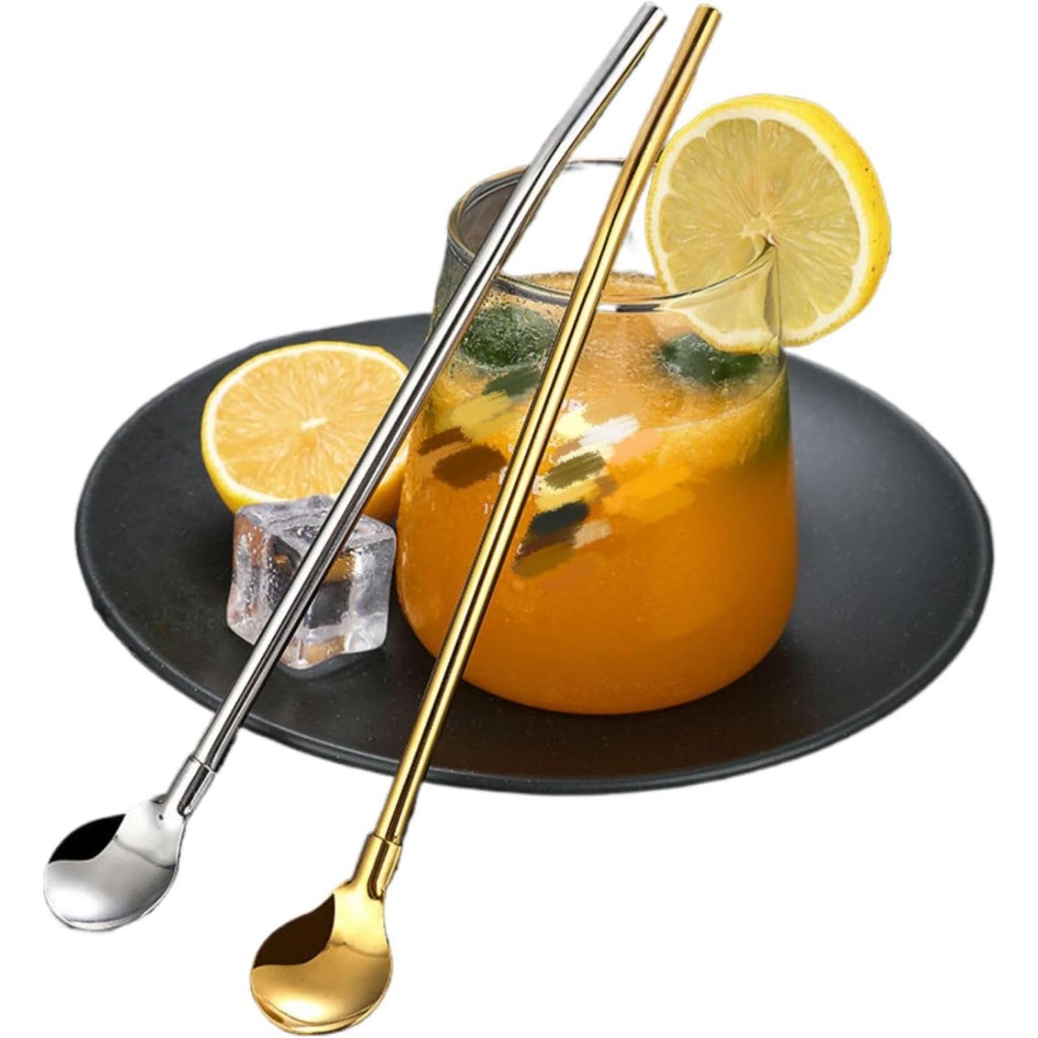 5pcs golden silvery stainless steel straws reusable straws 2 in 1 metal straw with spoon metal straw with 1 cleaning brush for smoothies   coffee and other drinks Product details 1