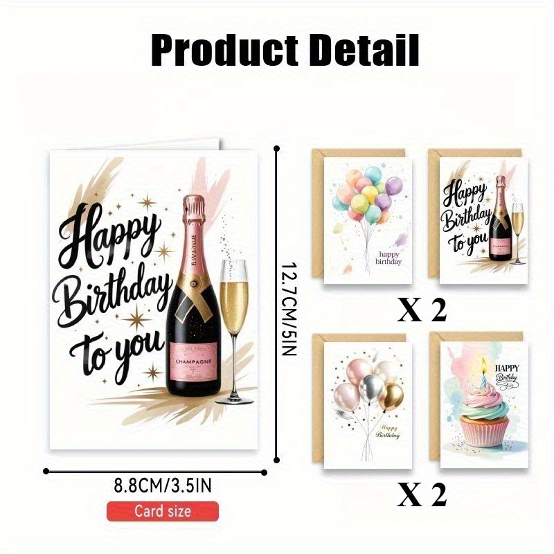 TEMU 16-sheet Birthday Card Set With Envelopes, Featuring Watercolor Balloons And Birthday Cake Happy Birthday Cards, Suitable For Any Occasion