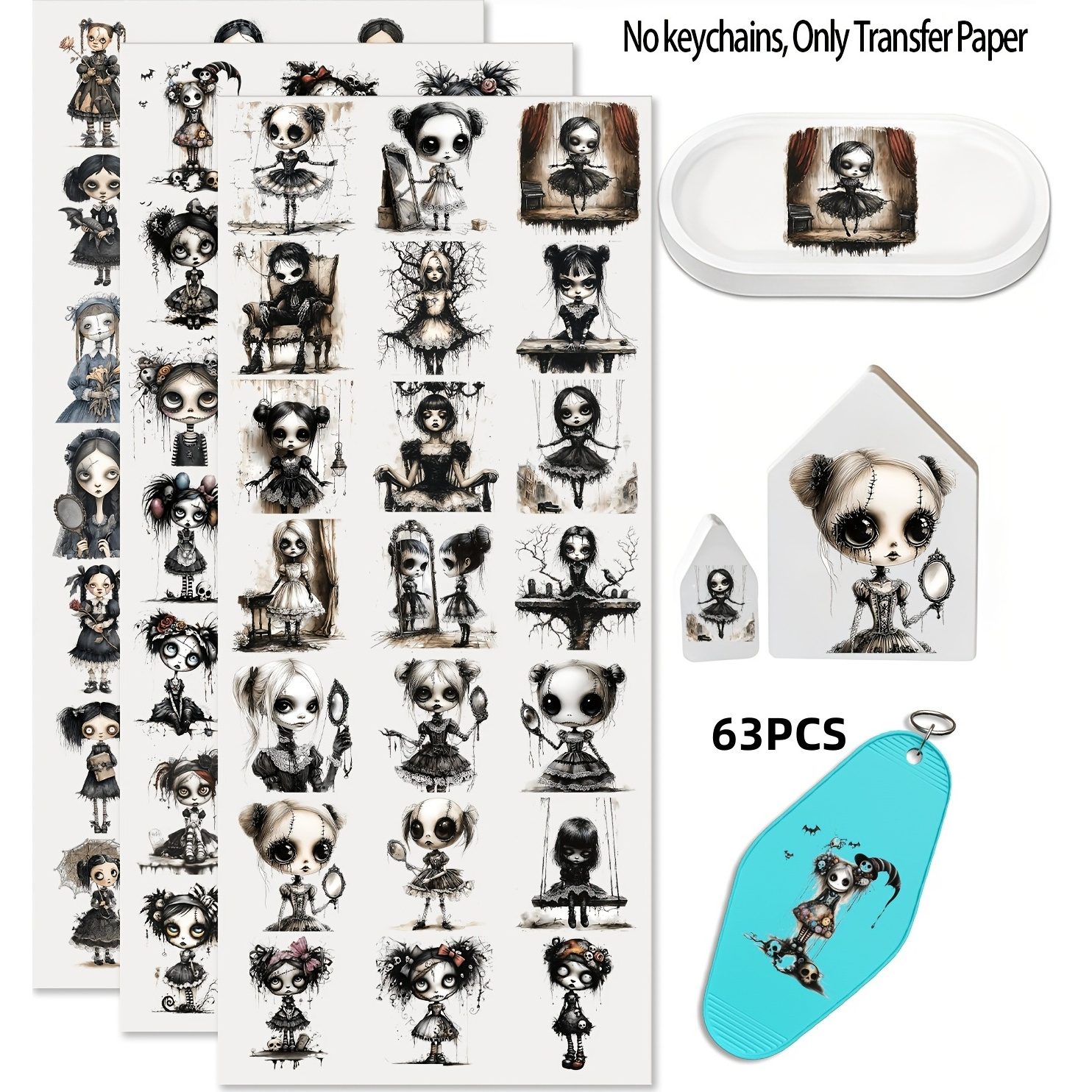TEMU 63pcs Gothic Style Doll Uv Dtf Transfer Paper, Small Transfer, Suitable For Keychains, Cups, Phone Cases, And Scrapbooks, Permanent High- Mini,