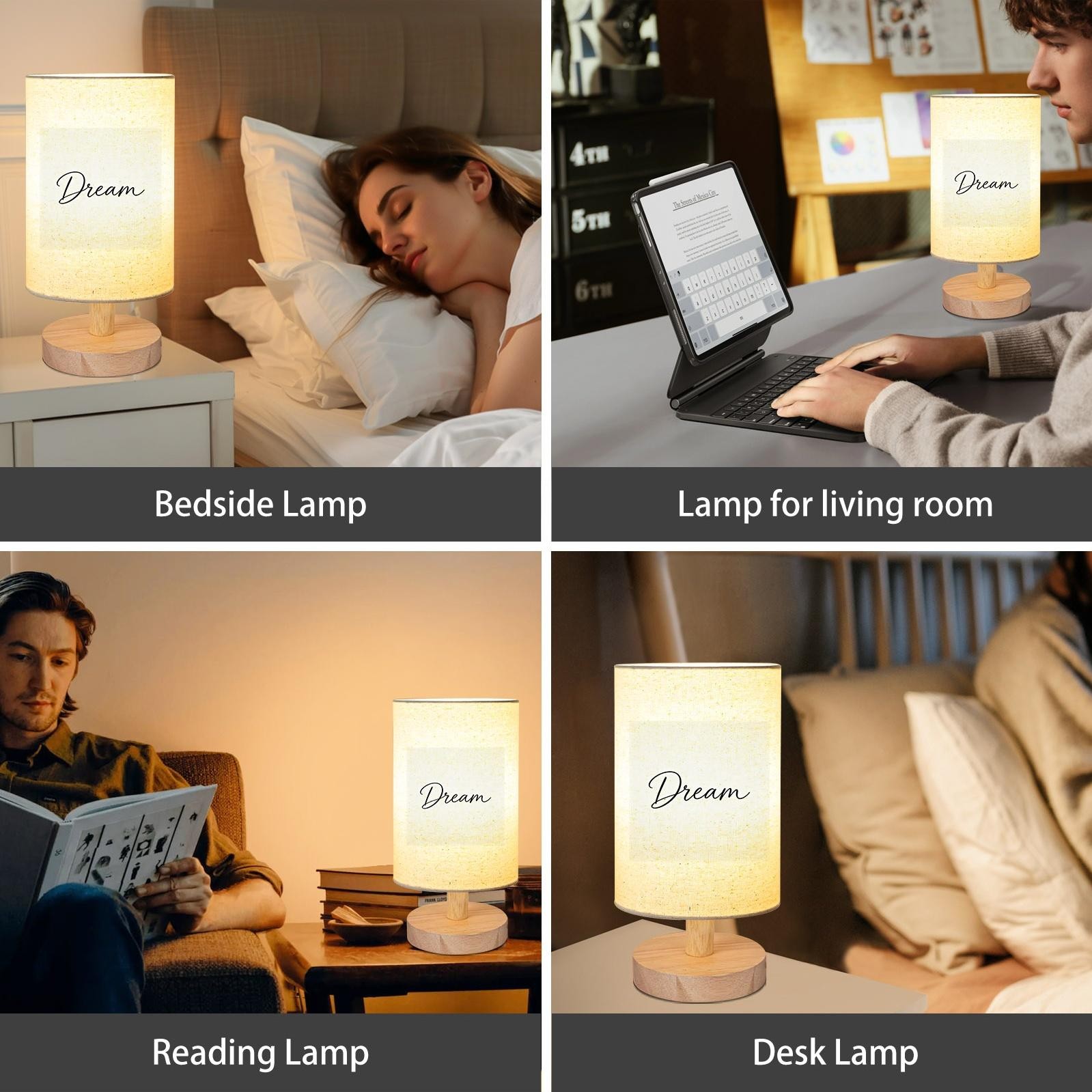 Minimalist Cursive "Dream" Print Table Lamp, Neutral Tone