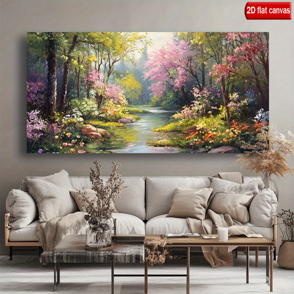modern abstract flowering stream framed canvas wall art large horizontal   river painting with   white purple flowers green foliage wooden frame for living room bedroom office decor nature themed landscape 2d