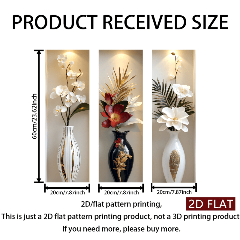 TEMU Set Of 3 Realistic Floral Vase Wall Decals Made From Pvc Material. Are Self-adhesive, Waterproof, Scratch-resistant, And Feature A High-gloss
