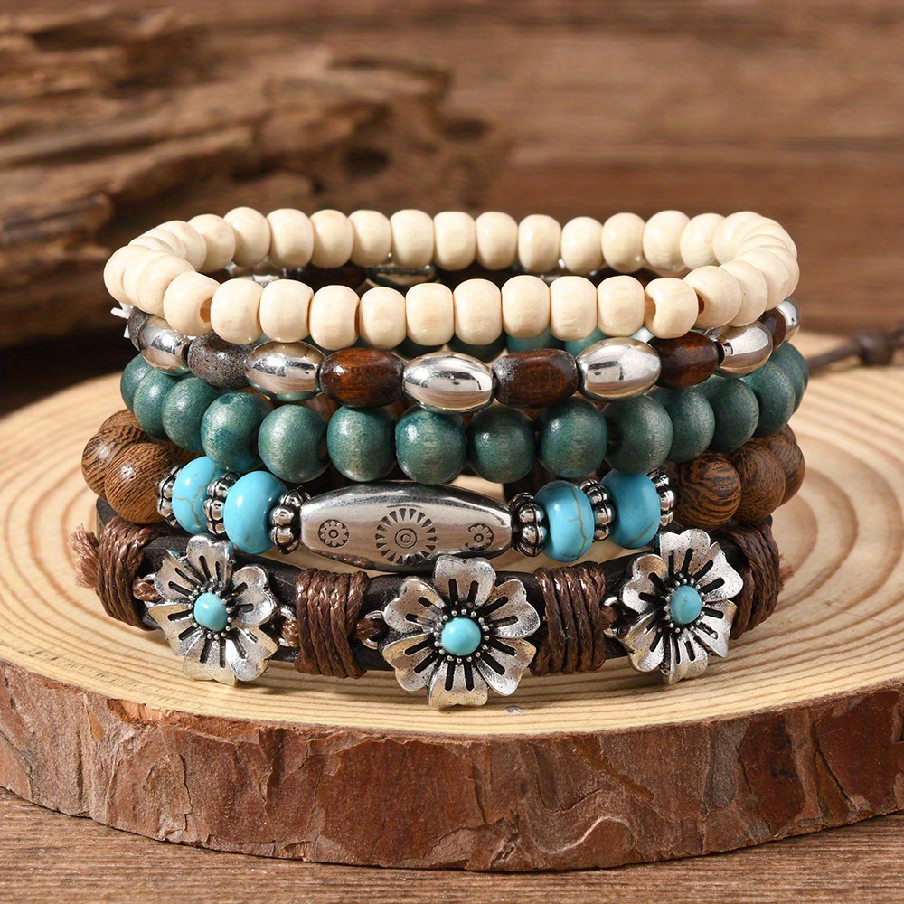 TEMU 5pcs Bohemian Style Wooden Bead Elastic Bracelets - Rose & Turquoise Design, Vintage Wooden Beads With Floral Accents, , Everyday Accessory|vintage Boho Style|elastic Bracelet