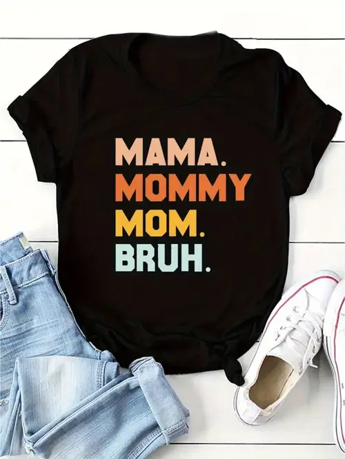 womens casual mama mommy mom pattern t shirt 100 short sleeve t shirt black colorful letter print crew neck casual summer essential loose fit t shirt graphic t shirt glossy lady t shirt
