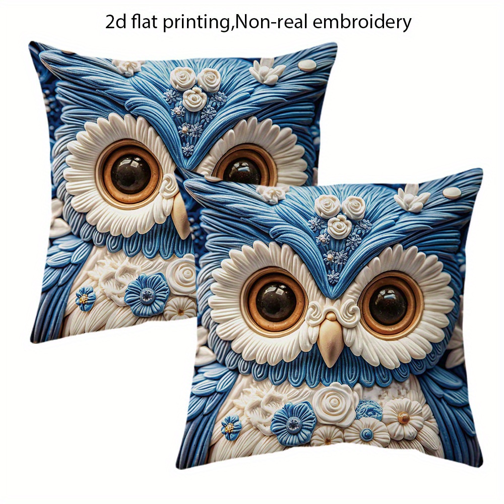 TEMU [jit]2pcs, Short Plush 2d Flat Printing Design Floral Crown Owl Throw Pillow Covers, Non-real Embroidery, Bohemian Flowers Decor Cushion Covers,