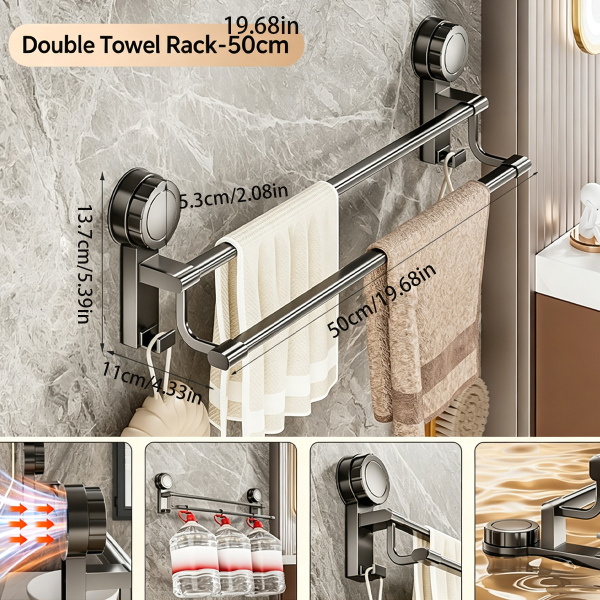 TEMU No-drill Suction Cup Bathroom Towel Rack, Wall-mounted Multifunctional Towel Bar Holder For Shower Room, Heavy-duty Suction Design, Ideal For