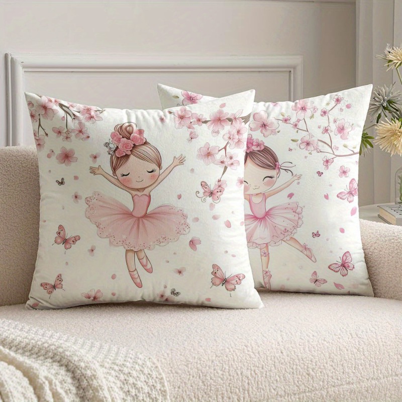 TEMU 2pcs Ballet Dancer Plush Pillowcase Set - Soft Pink Cartoon Ballerina Design With Cherry Blossoms And Butterflies, Zipper Closure, Machine