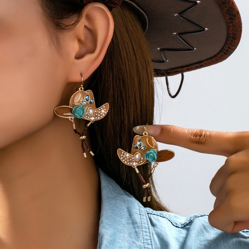 TEMU 1 Set Of Earrings, Western Style, Merade , Cowboy Hat Shape, Brown Oil , Rope Pendant, With Three-dimensional Rose Decoration, High-end Ladies'