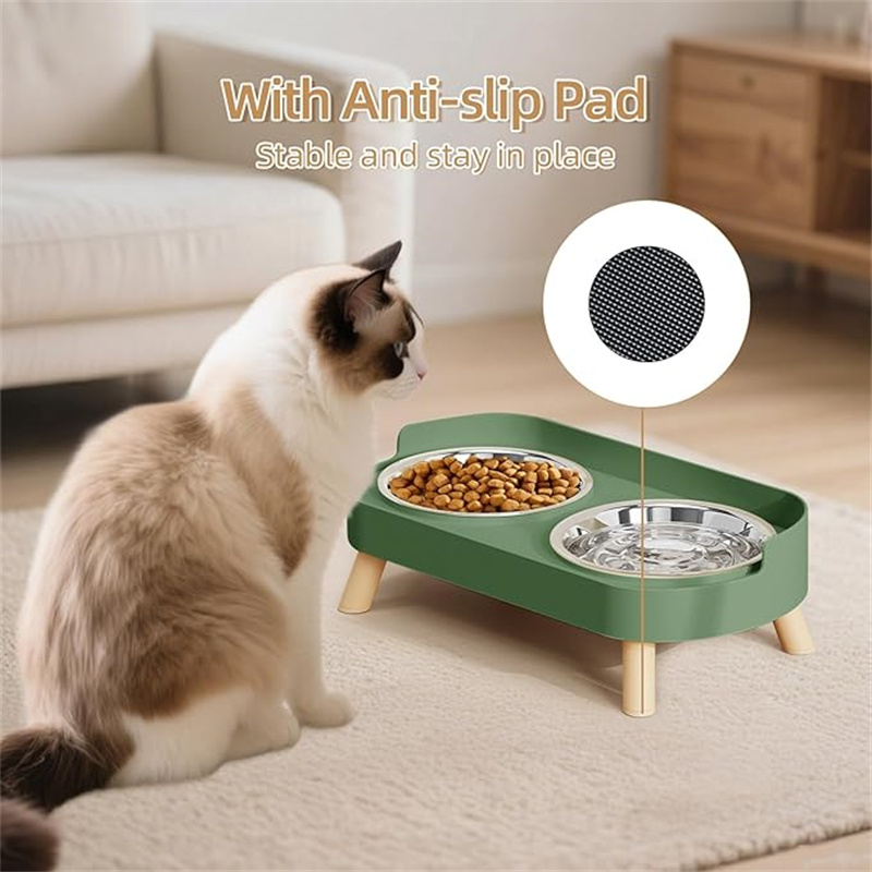 [Elevated Pet Bowls] 1Set Elevated Pet Bowls Green/ White, Plastic/ Stainless Steel Dishes, Prevents Whisker , Ideal for Dogs Indoor Cats Food & Water Feeding