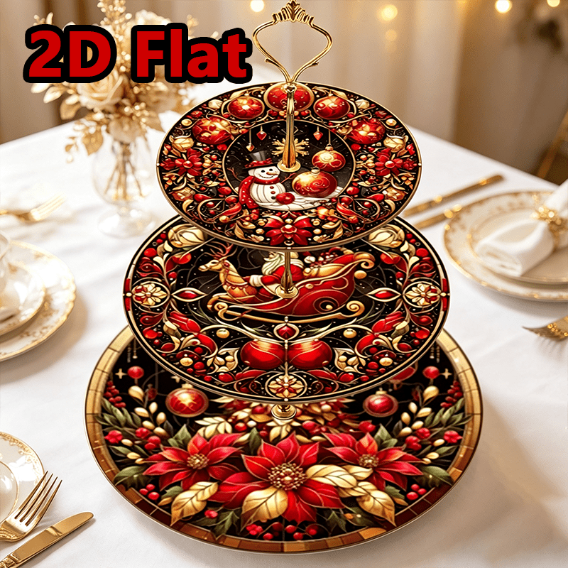 TEMU 3 Tier Christmas Cake Stand, Santa Snowman Poinsettia Print Dessert Serving Tray, 2d Flat Fruit Snack Cupcake Holder, Christmas Holiday Party