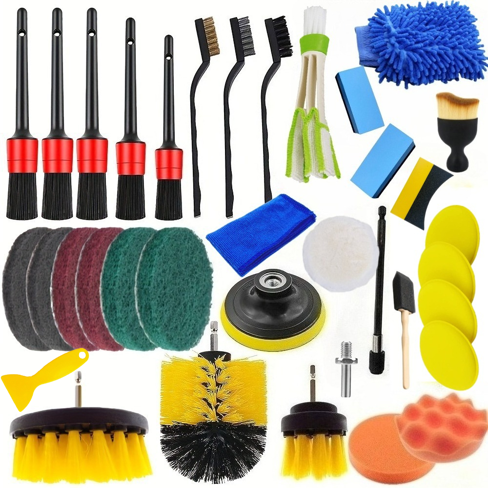 TEMU Car Detailing Brush Set For Interior And Exterior Wheel Cleaning; Includes Drill-mounted Wheel Brushes, Polishing Tools, And A Storage Bag.
