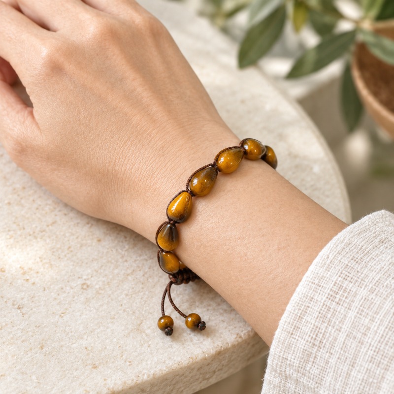 Adjustable Braided Cord Bracelet with Teardrop Tiger's Eye Beads