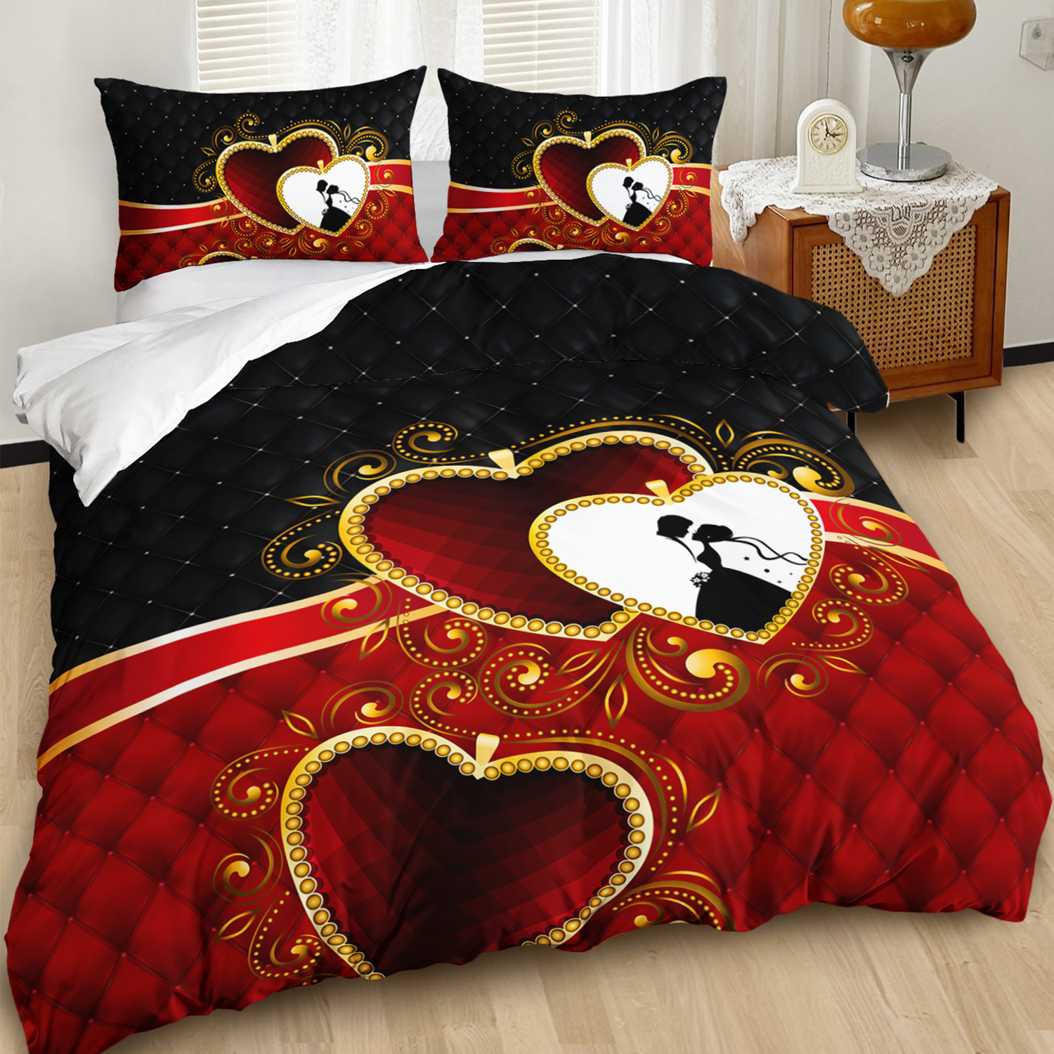 3pcs romantic couple hearts 3  printed duvet cover set wedding bedding set for   red bedding for bedroom or   decor polyester comforter cover gift 1 quilt cover 2 pillowcases Product details 1