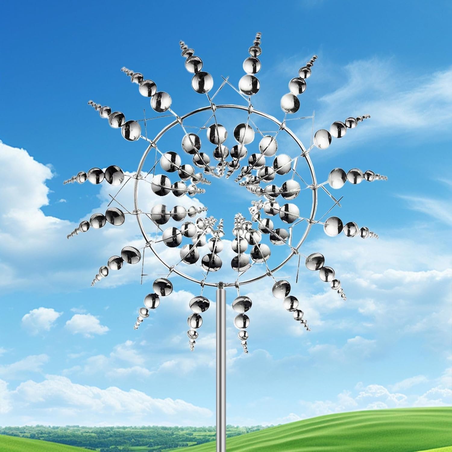 Image of Metal Garden Wind Spinner, Stainless Steel Kinetic Ornament, Weather Resistant Coating, Ideal For Lawn Patio Decor & Nice Gift