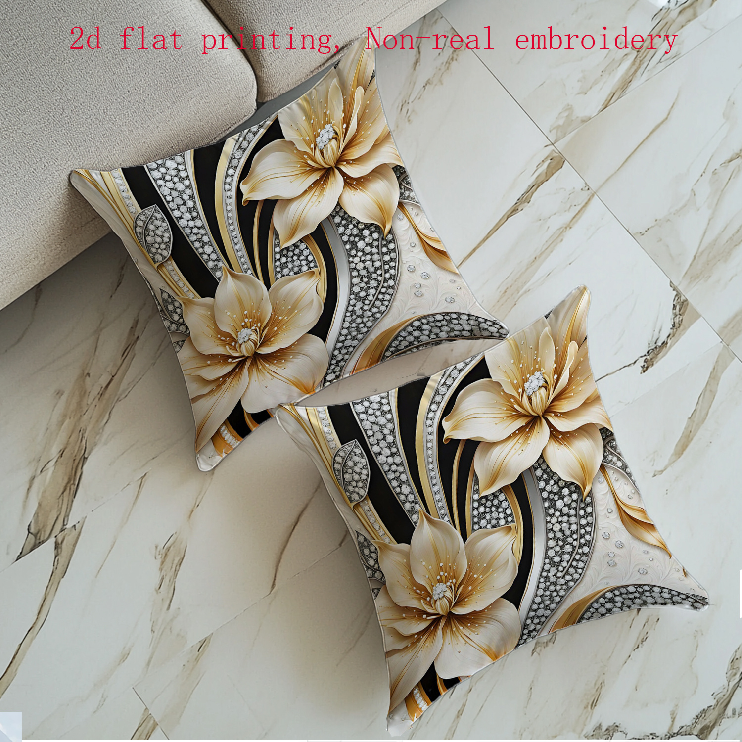 TEMU 2pcs Set, 2d Flat Printing, Festive Style Pillowcase With Golden Floral Pattern, Luxurious And Elegant. Non-real Embroidery, Suitable For Living