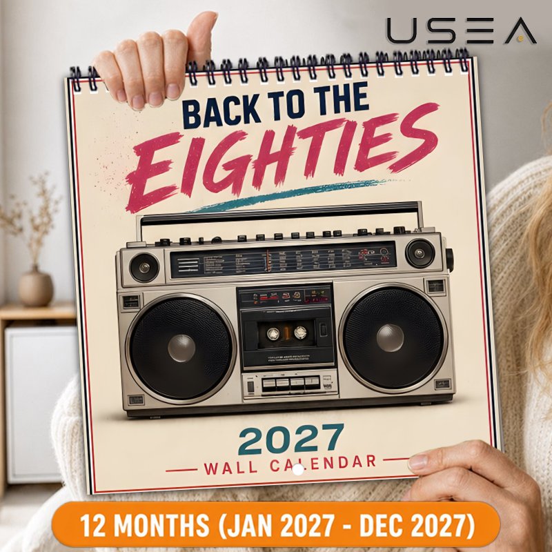 TEMU Calendriers Muraux 2027, Calendrier Mural 12 Mois Suspendu avec Reliure Spirale à Double Fil, Motif Rétro Autoradio Boombox des Années 80,
