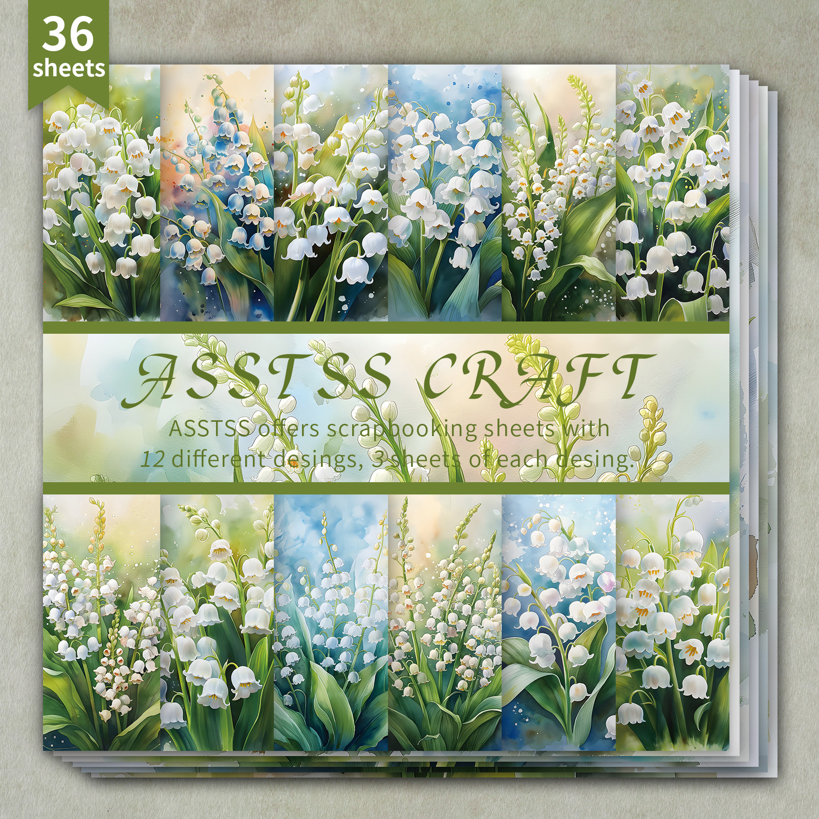 TEMU 36-sheet Scrapbook Paper Pad Measuring 6x6 Inches, Featuring A Watercolor Design Of Lily Of The Valley In Style. This Heavyweight Cardstock Is